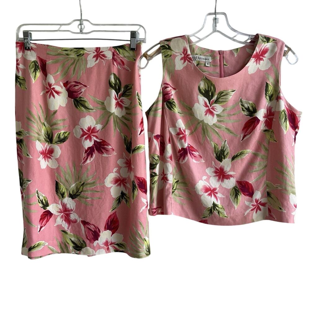 David Brooks Petites 100% Silk Skirt set Pink salmon Hawaiian floral print Sz 8P